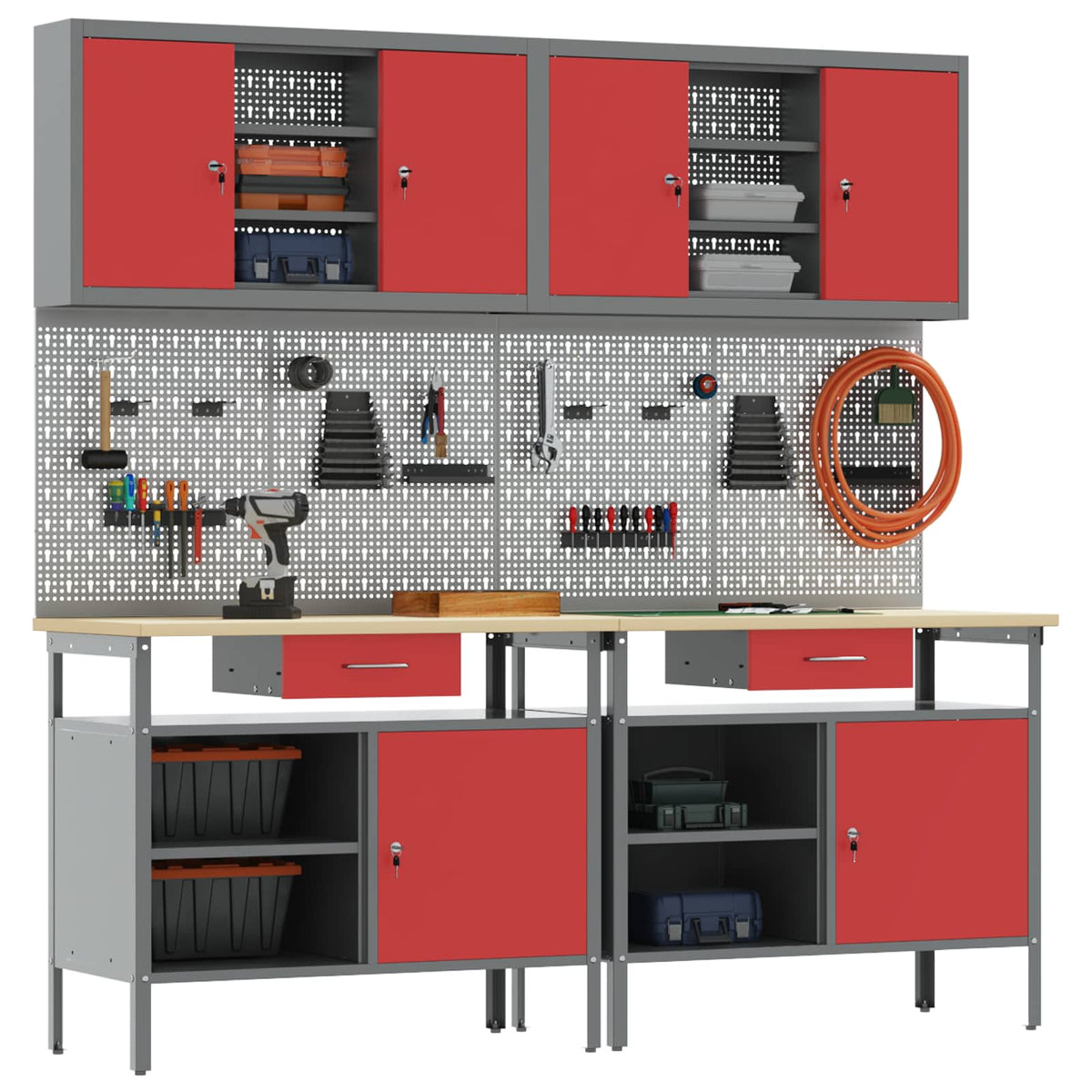 vidaXL Work Bench Set 8 pcs Red and Grey Powder-Coated Steel