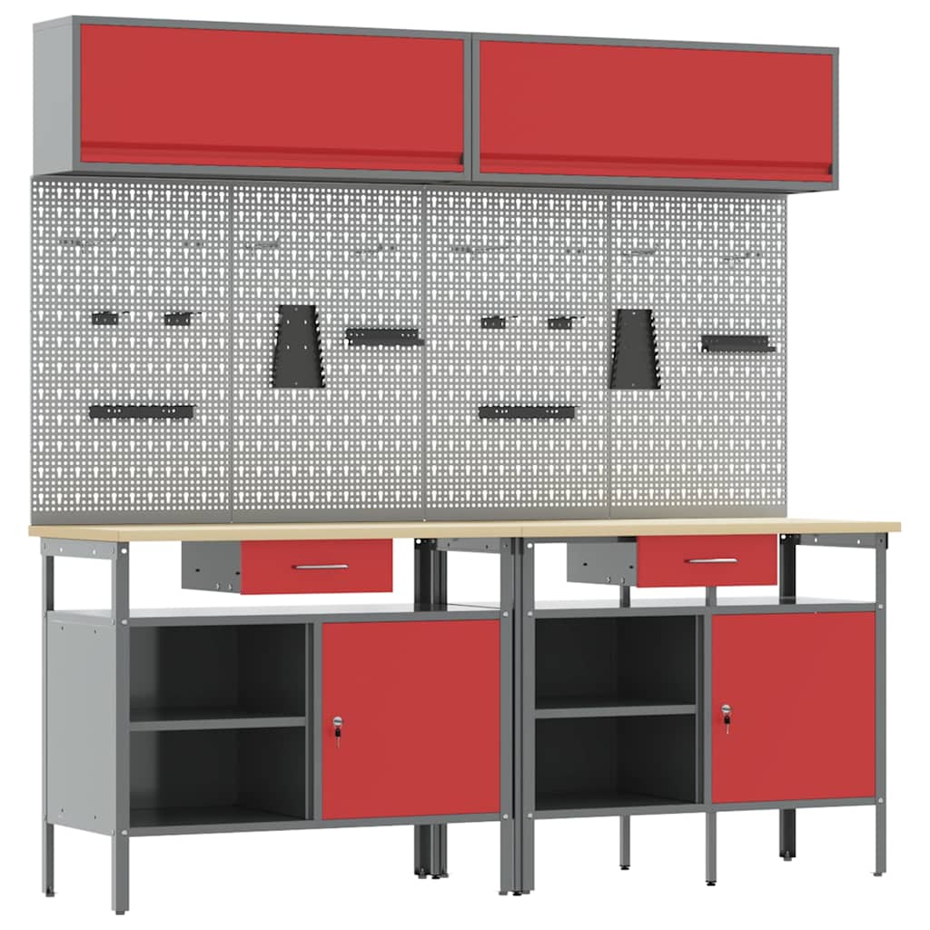 vidaXL Work Bench Set 8 pcs Red and Grey Powder-Coated Steel