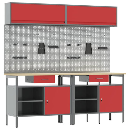 vidaXL Work Bench Set 8 pcs Red and Grey Powder-Coated Steel