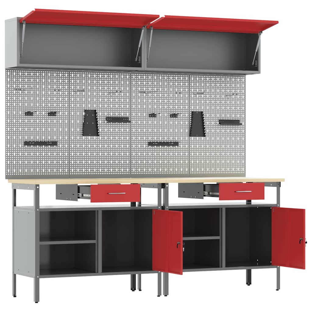 vidaXL Work Bench Set 8 pcs Red and Grey Powder-Coated Steel