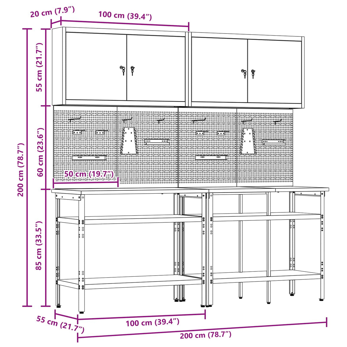 vidaXL Work Bench Set 8 pcs Red and Grey Powder-Coated Steel