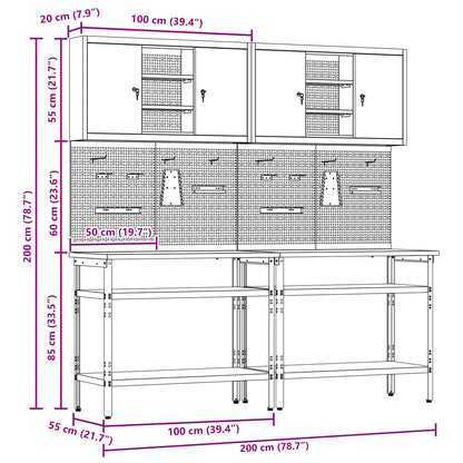 vidaXL Work Bench Set 8 pcs Black and Grey Powder-Coated Steel