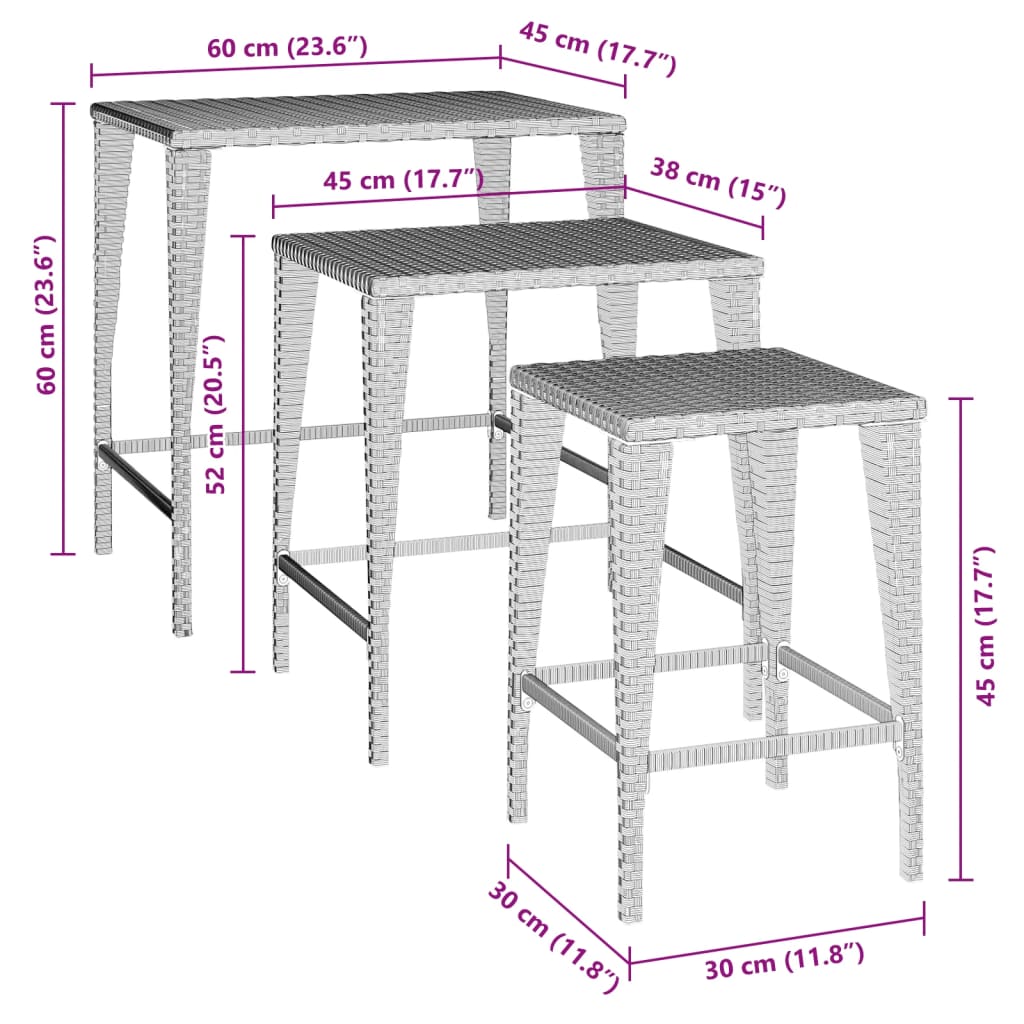 vidaXL Garden Nesting Tables 3 pcs Brown Poly Rattan
