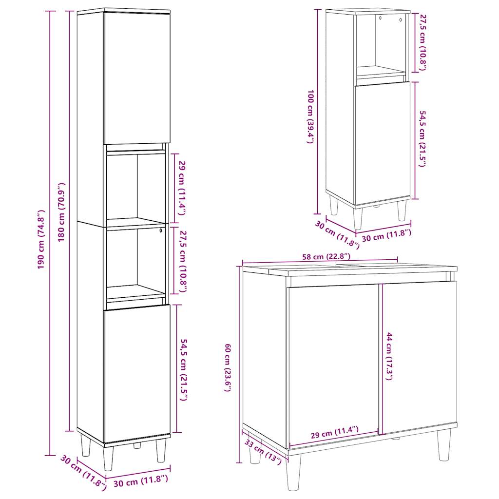 vidaXL 3 Piece Bathroom Furniture Set Concrete Grey Engineered Wood
