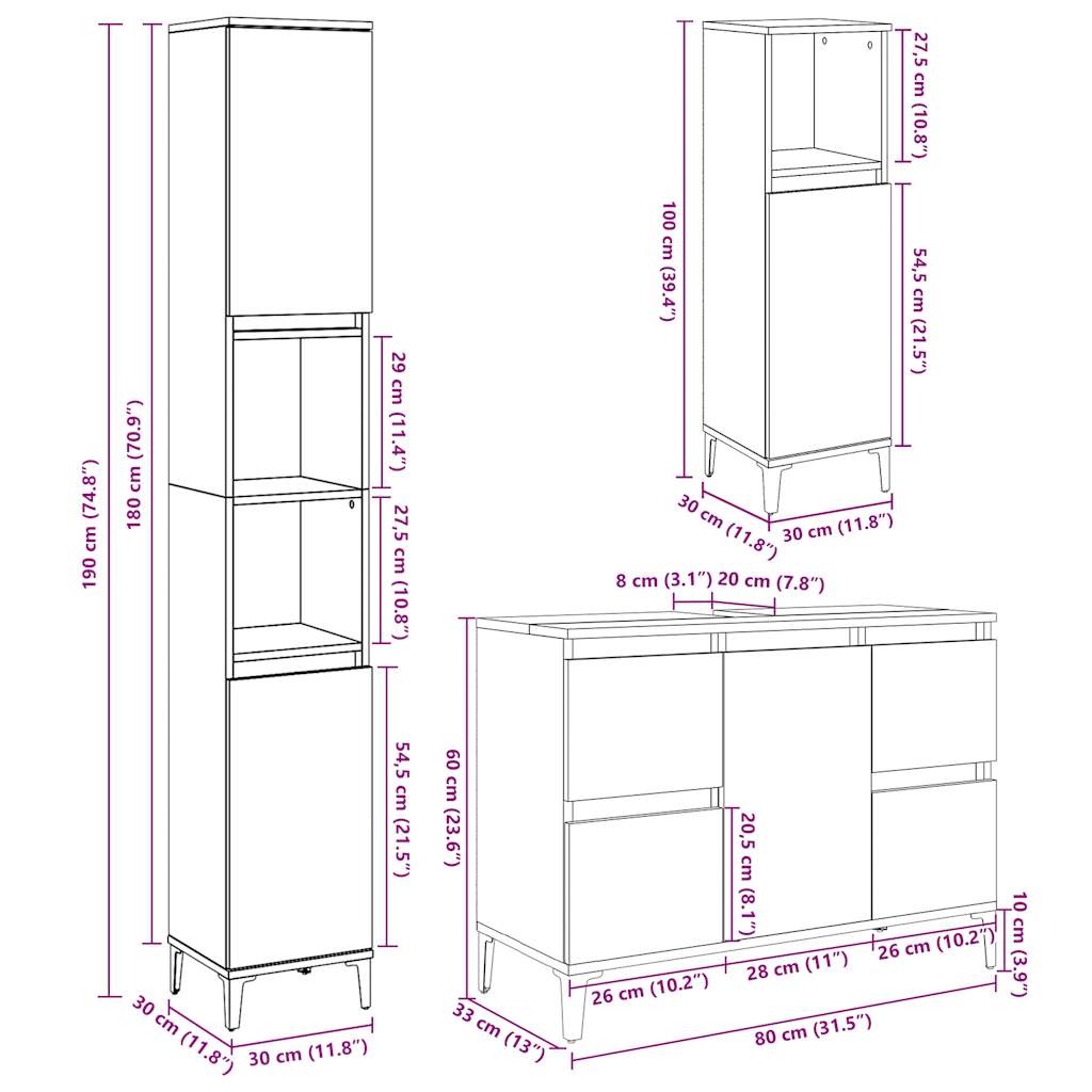 vidaXL 3 Piece Bathroom Furniture Set Concrete Grey Engineered Wood
