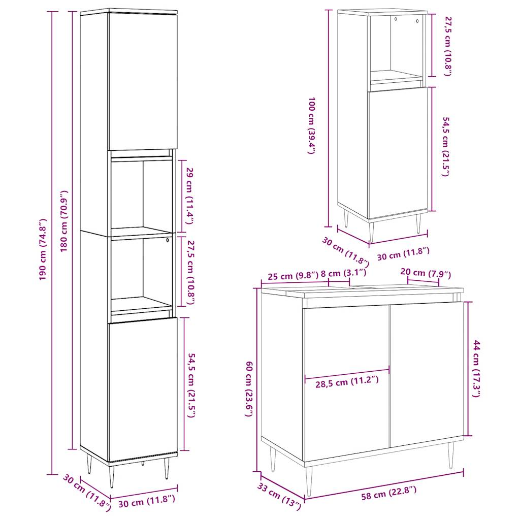 vidaXL 3 Piece Bathroom Furniture Set Concrete Grey Engineered Wood
