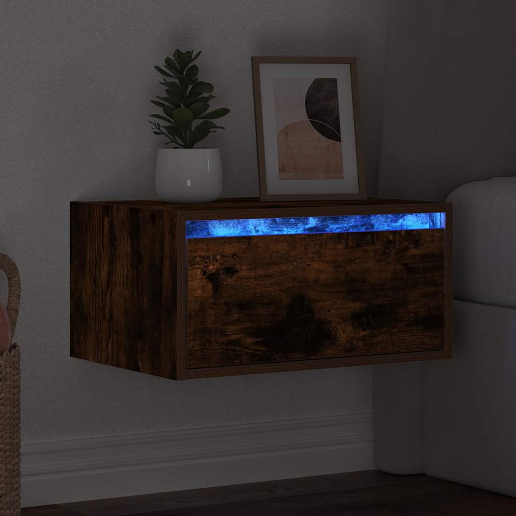 vidaXL Wall-mounted Bedside Cabinet with LED Lights Smoked Oak