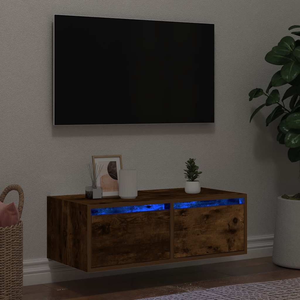 vidaXL TV Cabinet with LED Lights Smoked Oak 75x35.5x25 cm