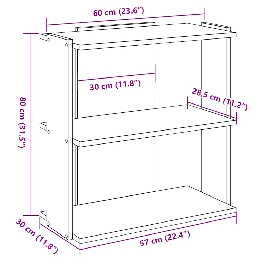 vidaXL Bookcase 3-Tier Sonoma Oak 60x30x80 cm Engineered Wood