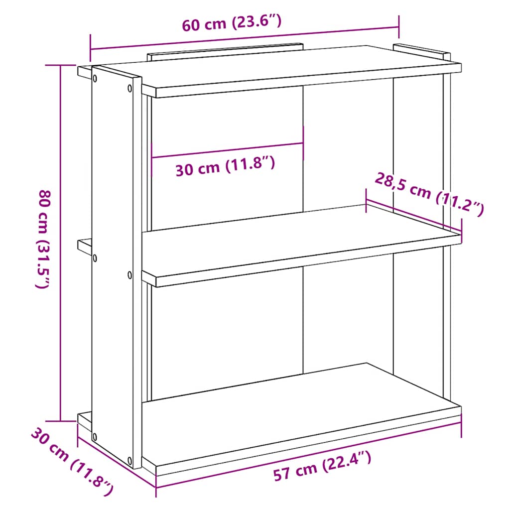 vidaXL Bookcase 3-Tier Concrete Grey 60x30x80 cm Engineered Wood