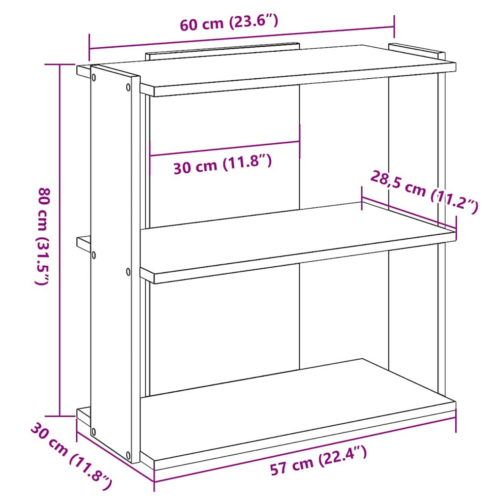 vidaXL Bookcase 3-Tier Smoked Oak 60x30x80 cm Engineered Wood