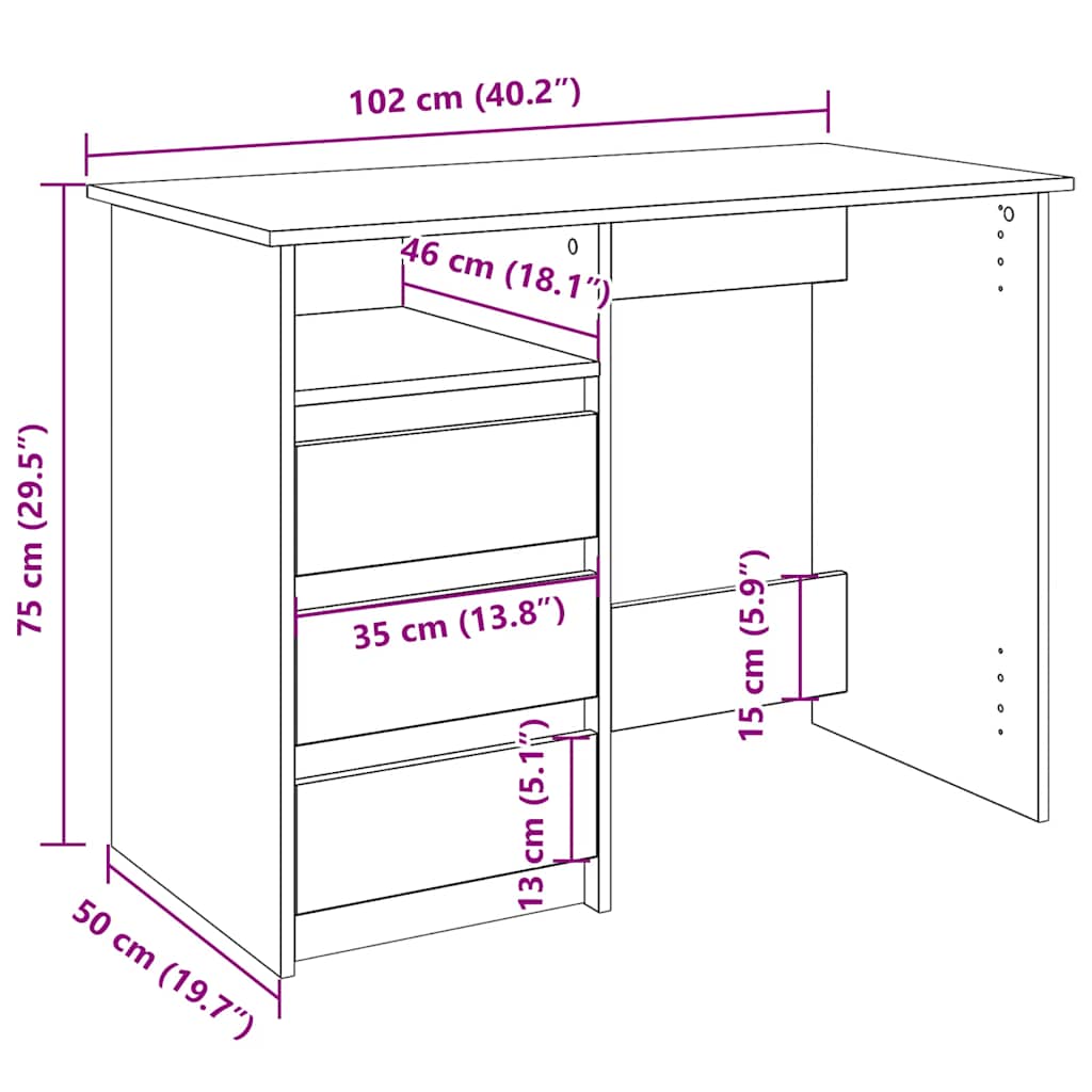 vidaXL Desk Black 102x50x75 cm Engineered Wood