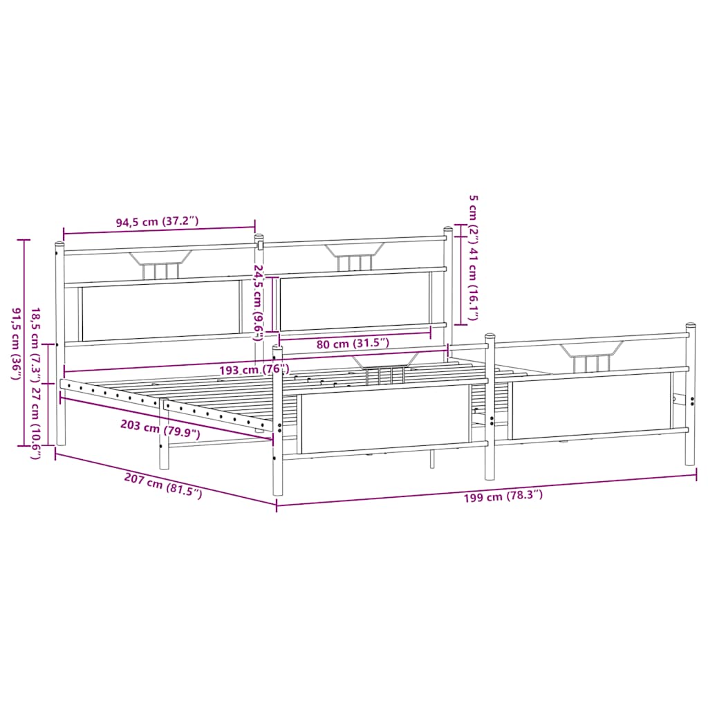 vidaXL Metal Bed Frame without Mattress Smoked Oak 193x203 cm