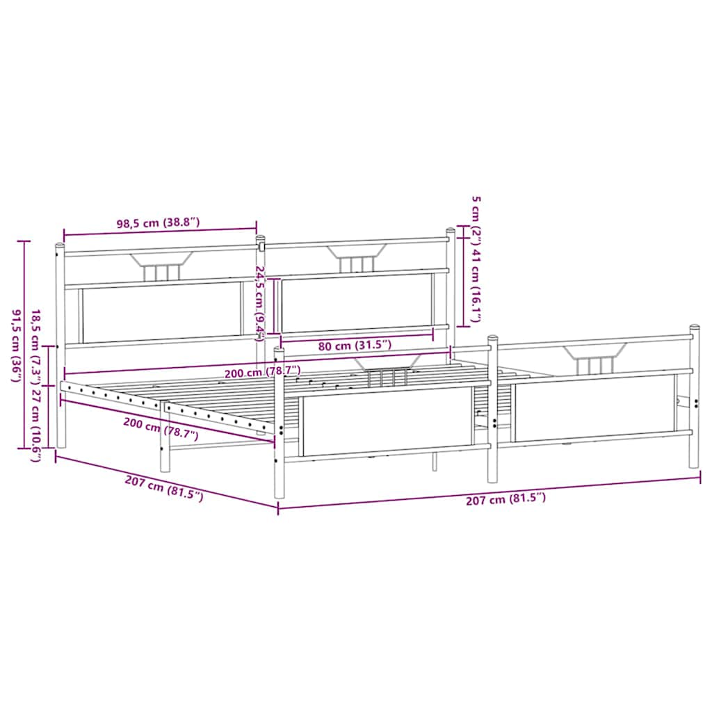 vidaXL Metal Bed Frame without Mattress Sonoma Oak 200x200 cm