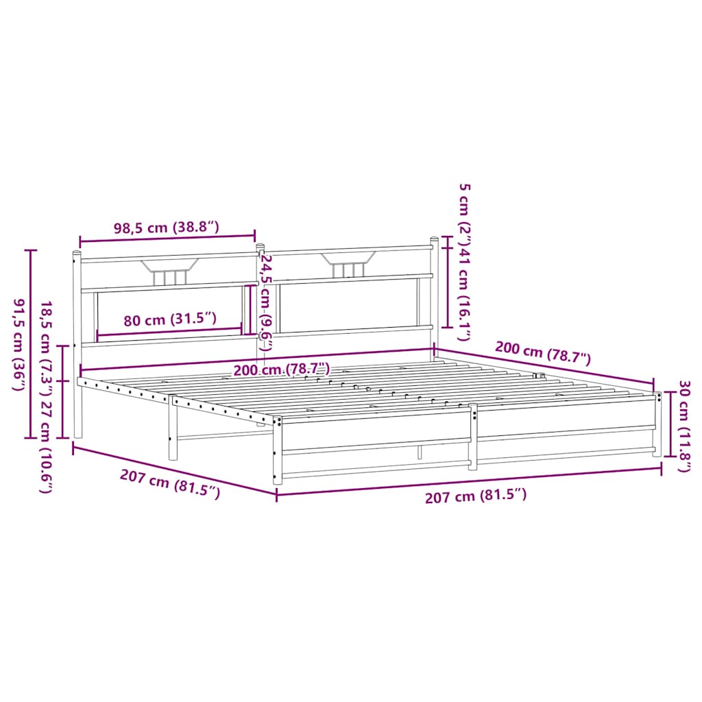 vidaXL Metal Bed Frame without Mattress Smoked Oak 200x200 cm