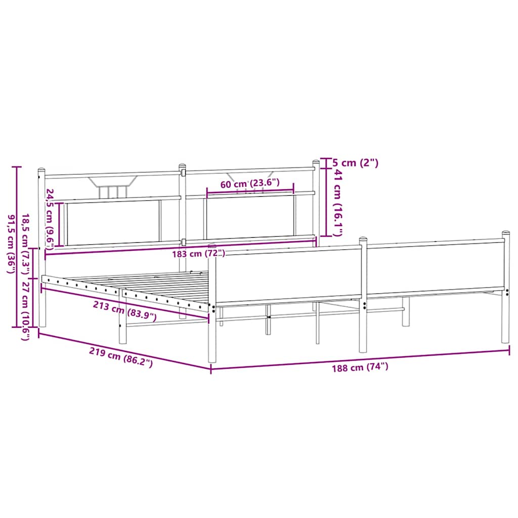 vidaXL Metal Bed Frame without Mattress Sonoma Oak 183x213 cm