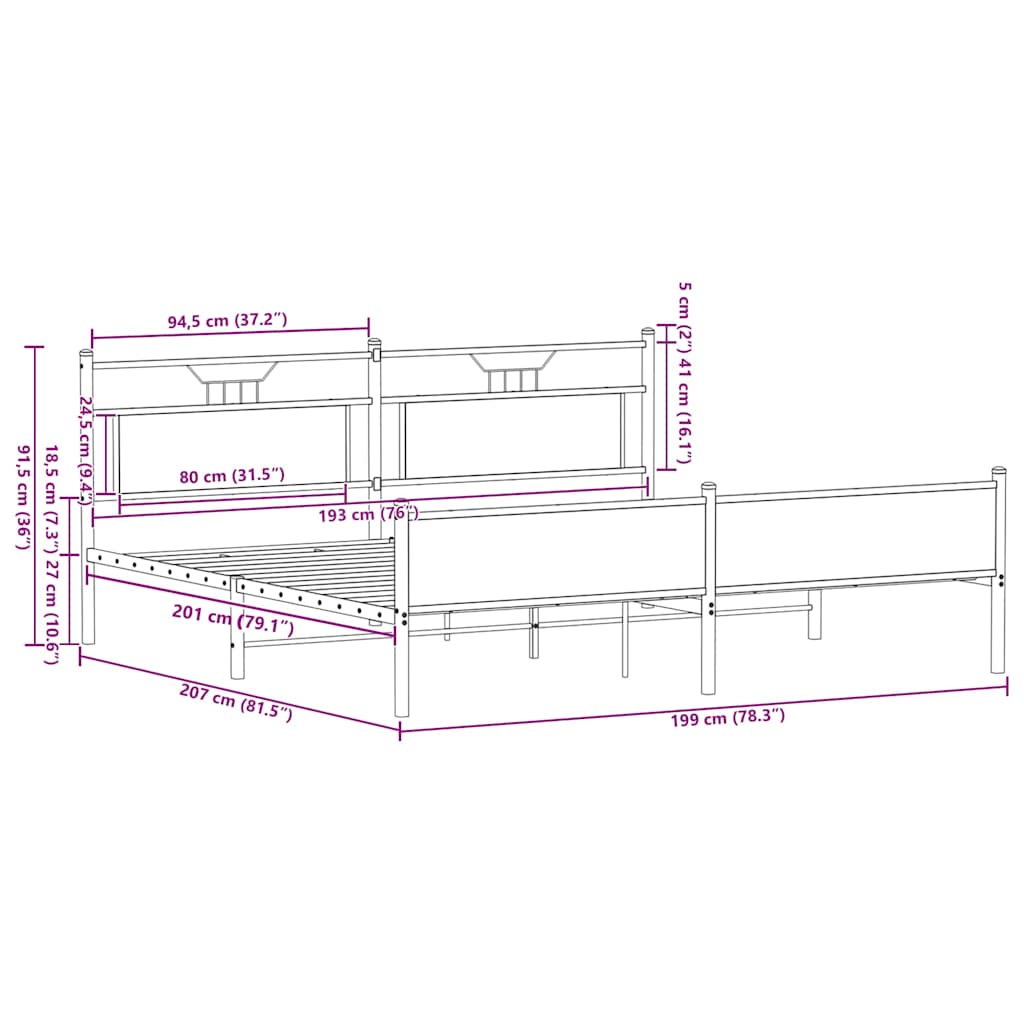 vidaXL Metal Bed Frame without Mattress Sonoma Oak 193x201 cm