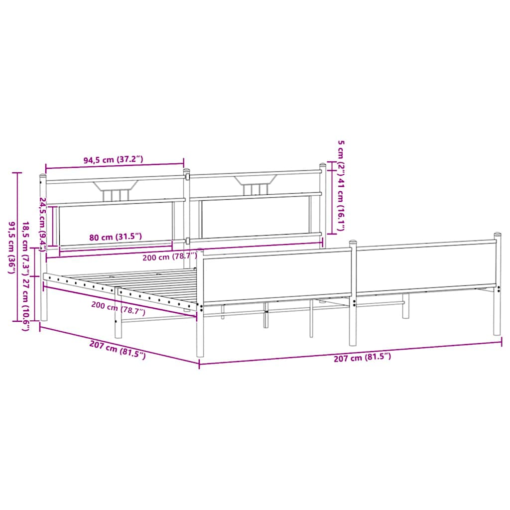 vidaXL Metal Bed Frame without Mattress Sonoma Oak 200x200 cm