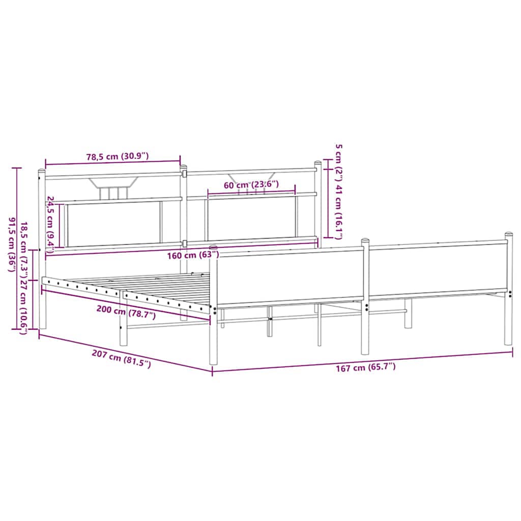 vidaXL Metal Bed Frame without Mattress Brown Oak 160x200 cm