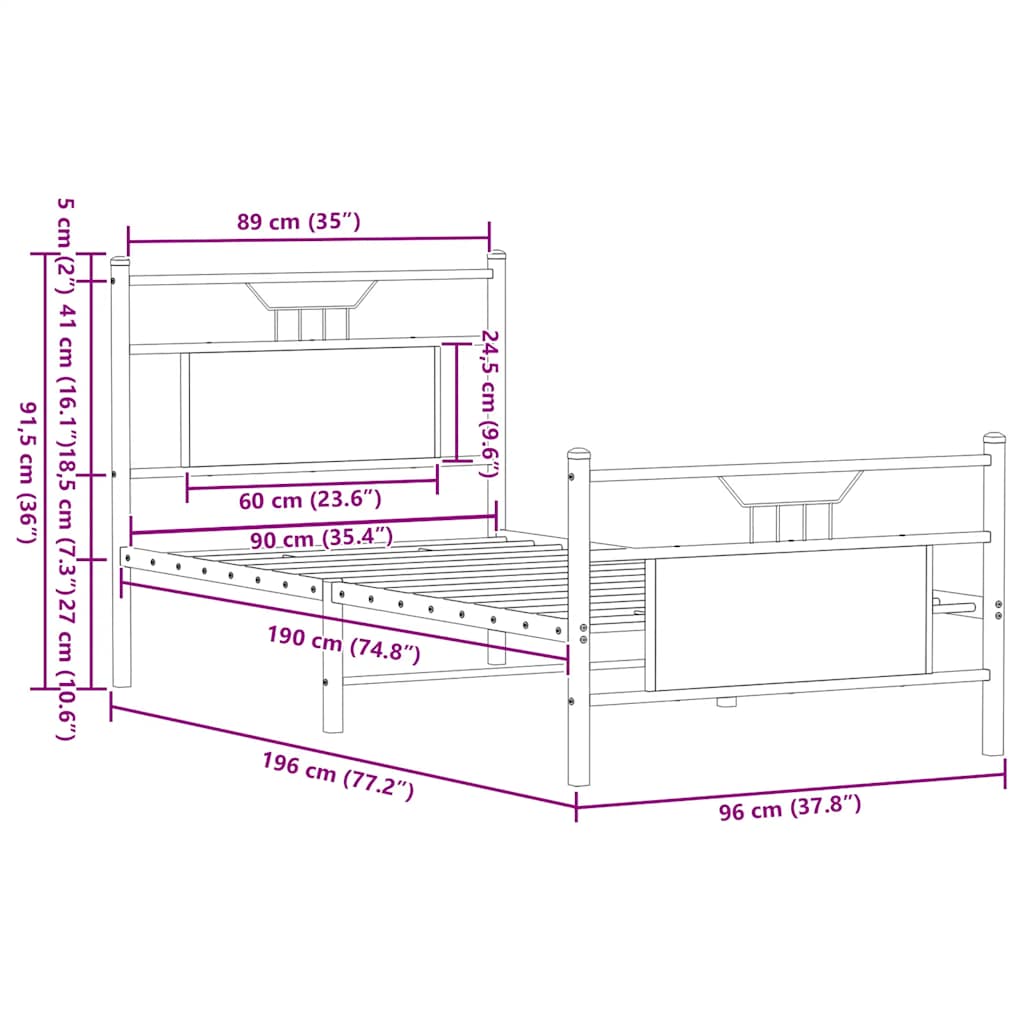 vidaXL Bed Frame without Mattress Smoked Oak 90x190 cm Single Engineered Wood