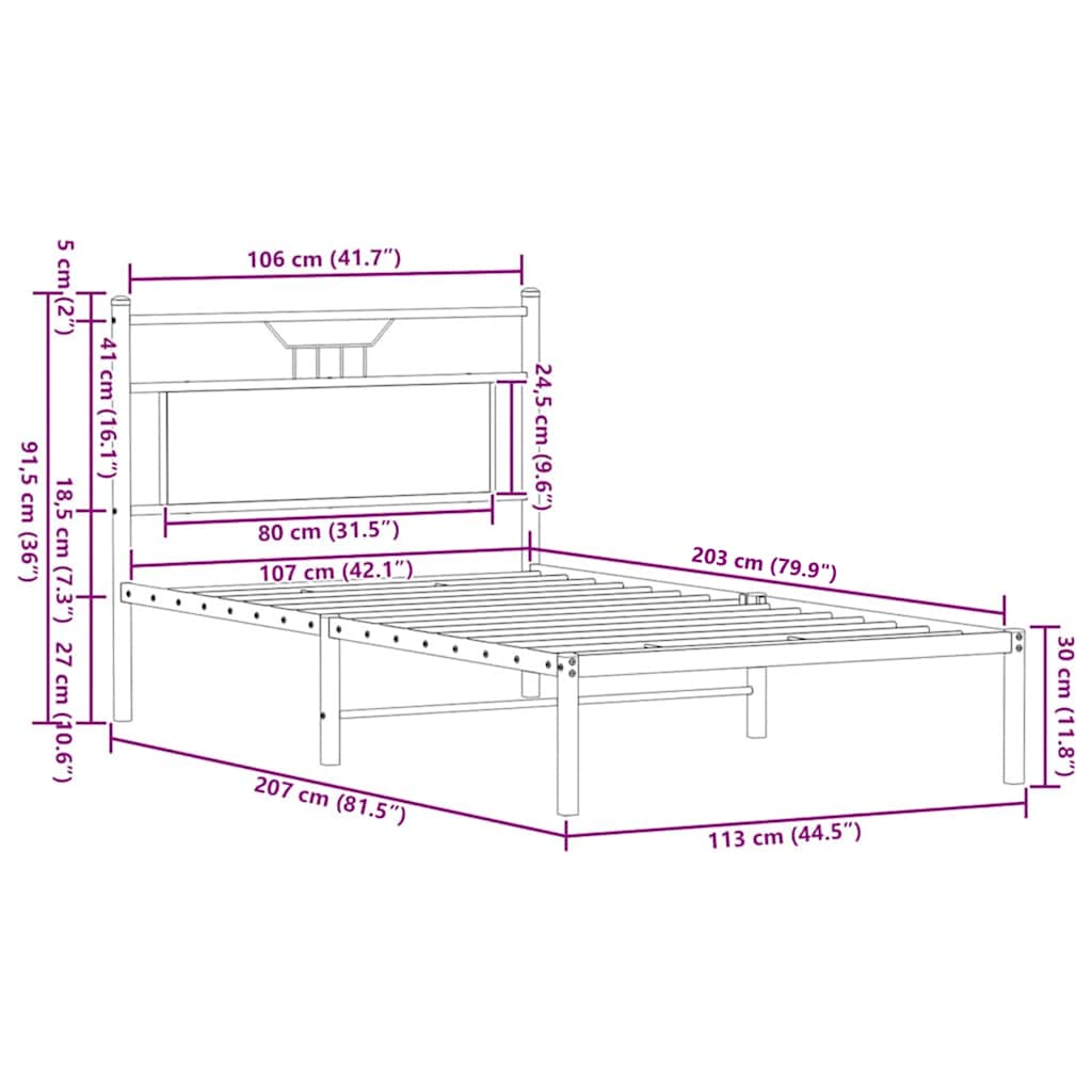 vidaXL Bed Frame without Mattress Brown Oak 107x203 cm Engineered Wood