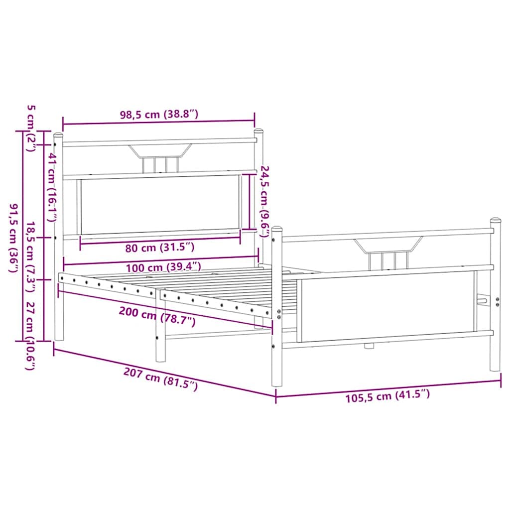 vidaXL Bed Frame without Mattress Brown Oak 100x200 cm Engineered Wood