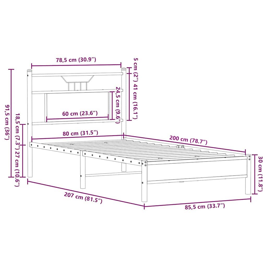 vidaXL Bed Frame without Mattress Brown Oak 80x200 cm Engineered Wood