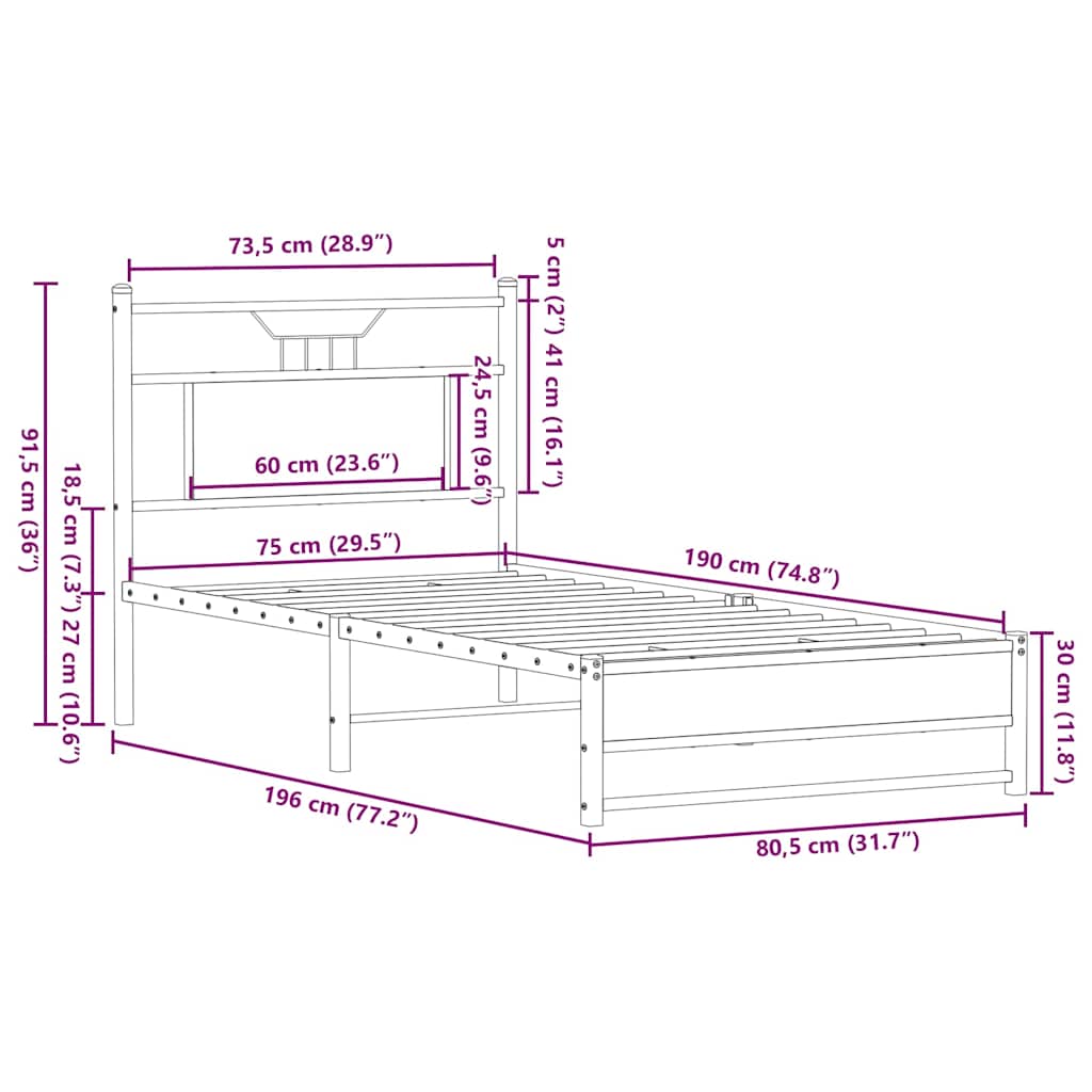 vidaXL Bed Frame without Mattress Brown Oak 75x190 cm Small Single Engineered Wood