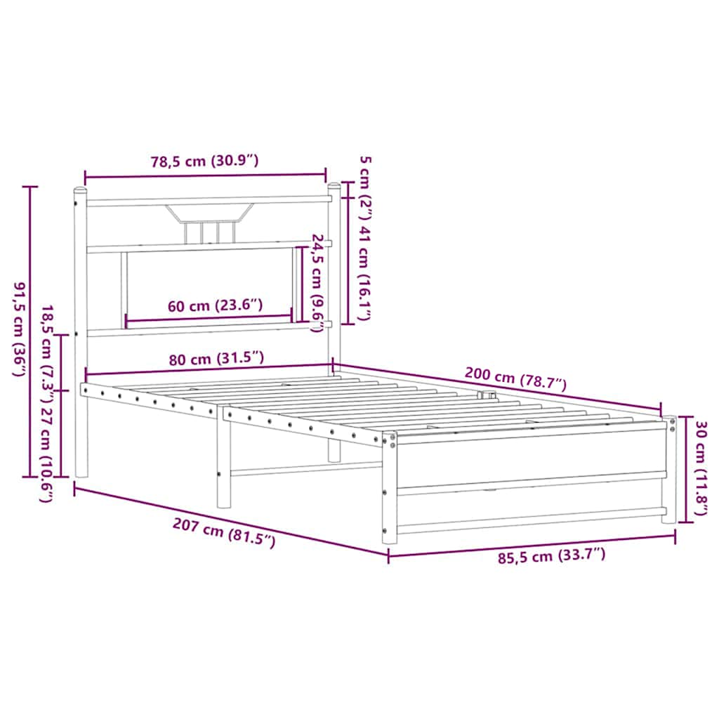 vidaXL Bed Frame without Mattress Brown Oak 80x200 cm Engineered Wood