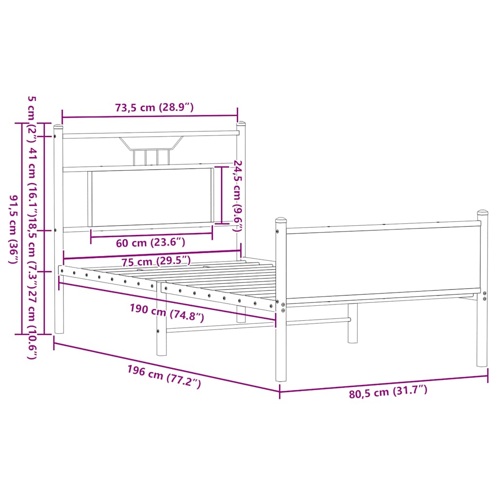 vidaXL Bed Frame without Mattress Brown Oak 75x190 cm Small Single Engineered Wood