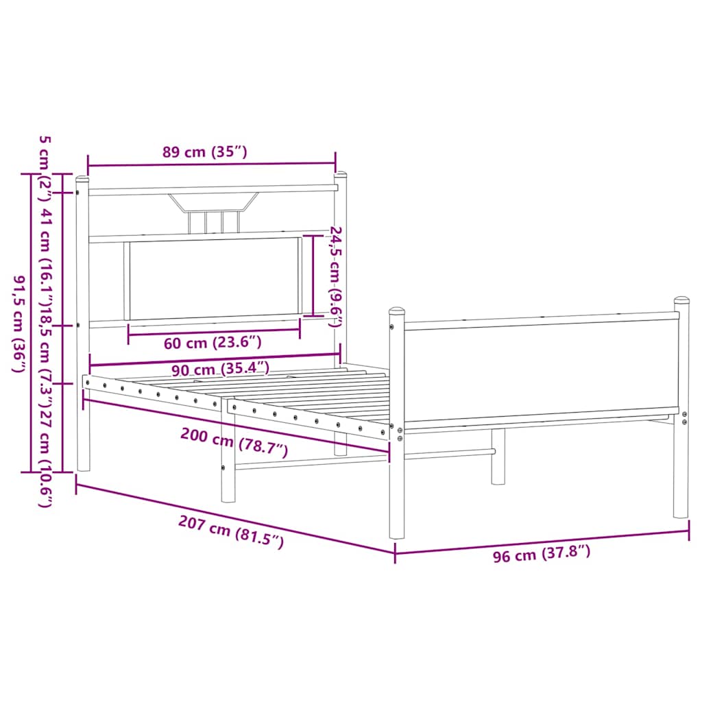 vidaXL Bed Frame without Mattress Brown Oak 90x200 cm Engineered Wood