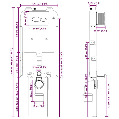 vidaXL Cistern Frame Height Adjustable White 50 x 8 x 131 cm Steel