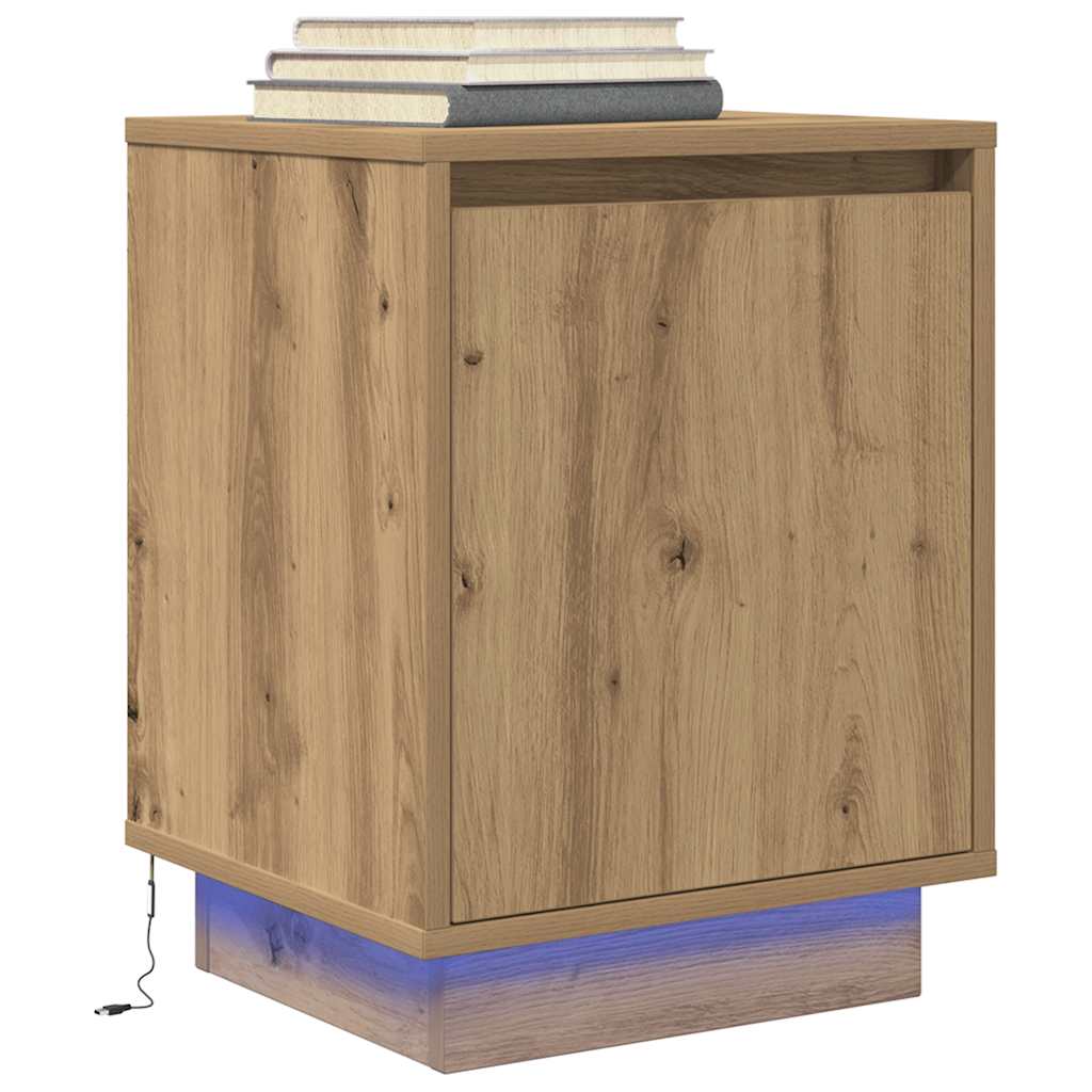 vidaXL Bedside Cabinet with LED Lights Artisan Oak 38x34x50 cm