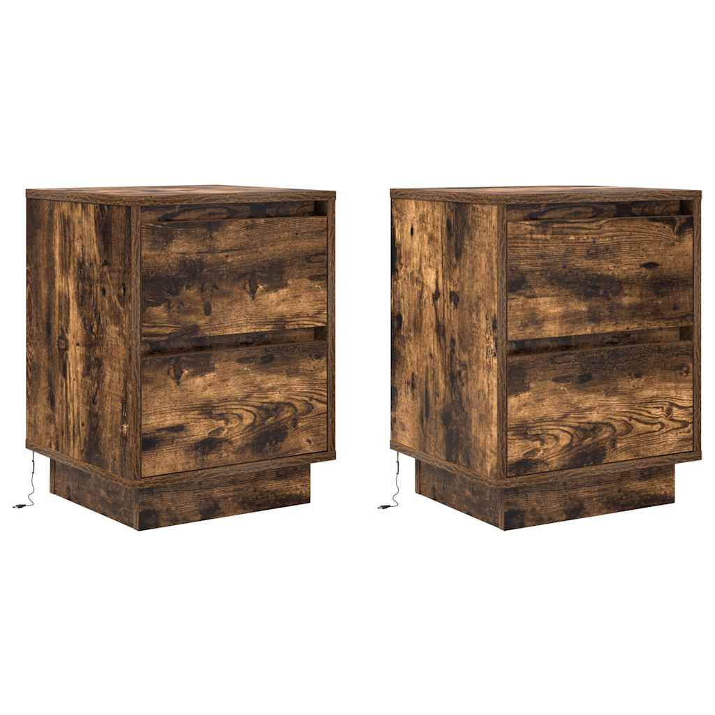 vidaXL Bedside Cabinets with LED Lights 2 pcs Smoked Oak 38x34x50 cm