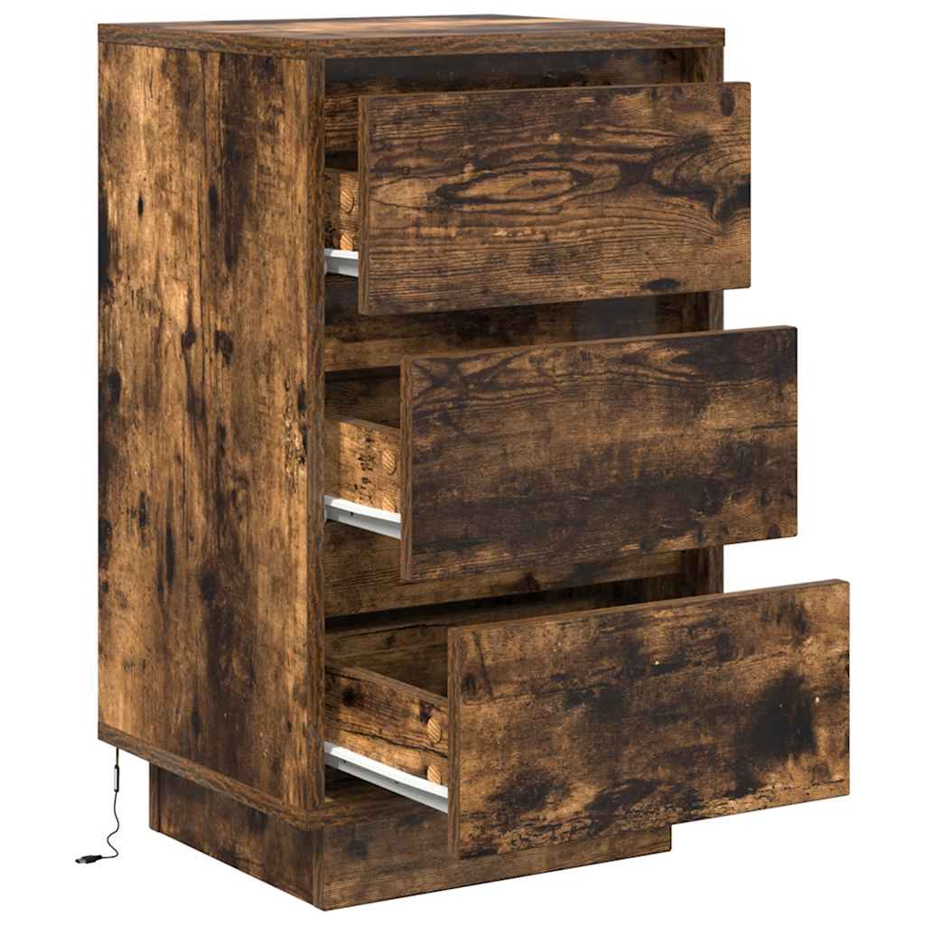 vidaXL Bedside Cabinet with LED Lights Smoked Oak 38x34x65 cm