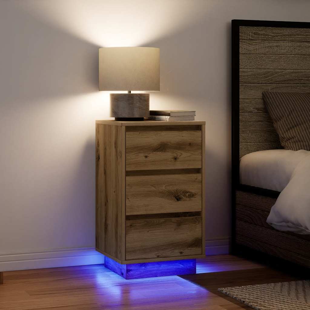 vidaXL Bedside Cabinet with LED Lights Artisan Oak 38x34x65 cm