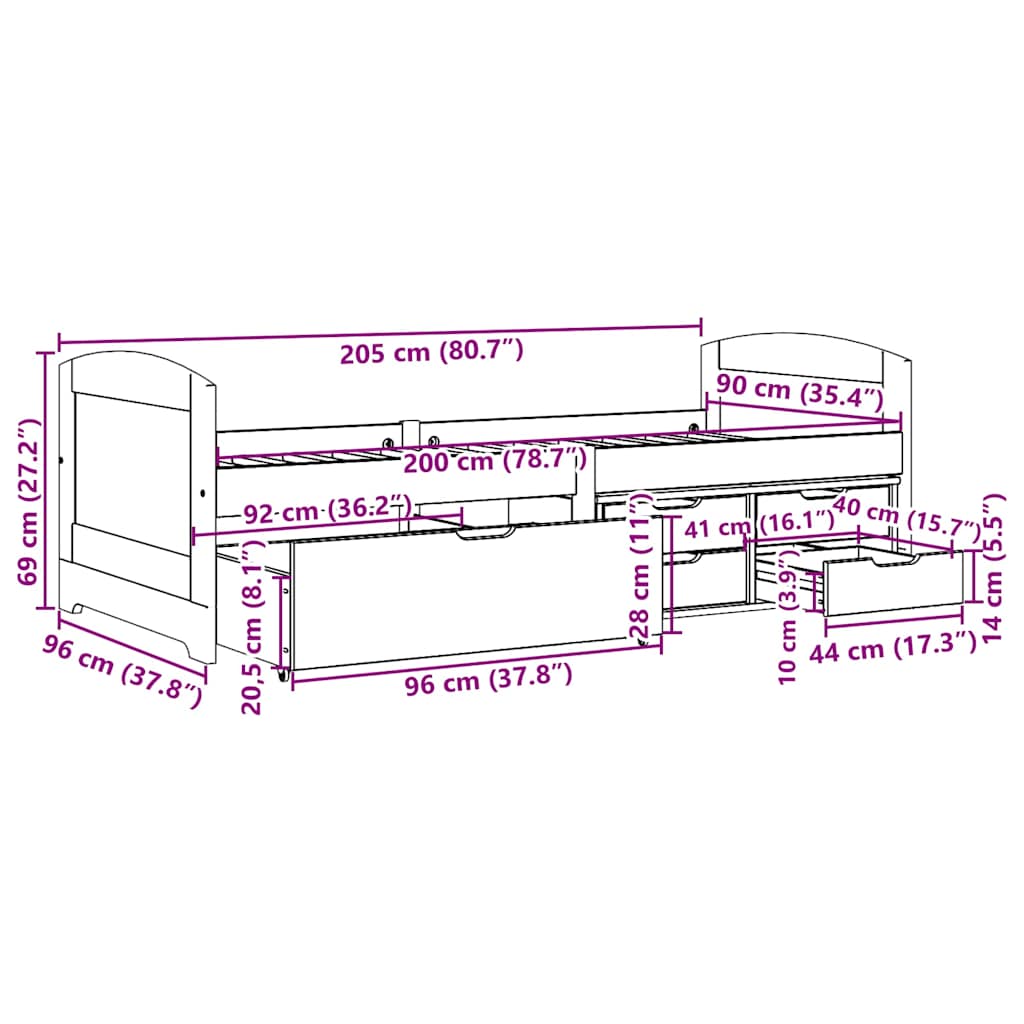 vidaXL Day Bed with 5 Drawers without Mattress IRUN Black 90x200 cm