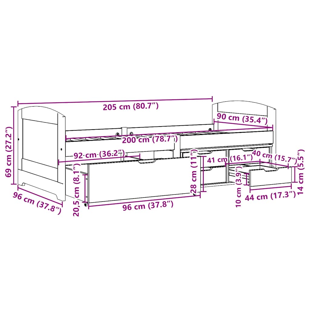 vidaXL Day Bed with 5 Drawers without Mattress "IRUN" White&Pink 90x200 cm