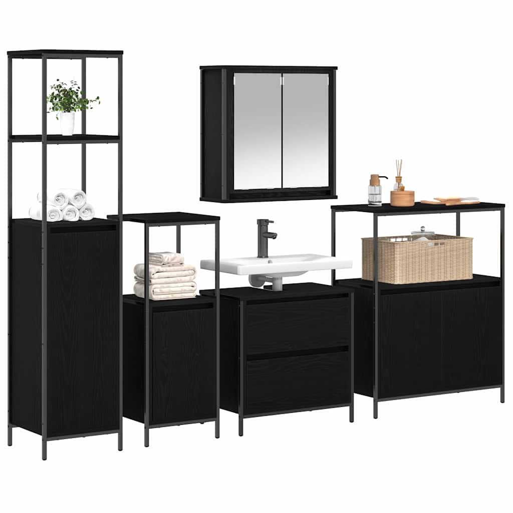 vidaXL Bathroom Furniture Set with Shelf 5 pcs Black Engineered wood