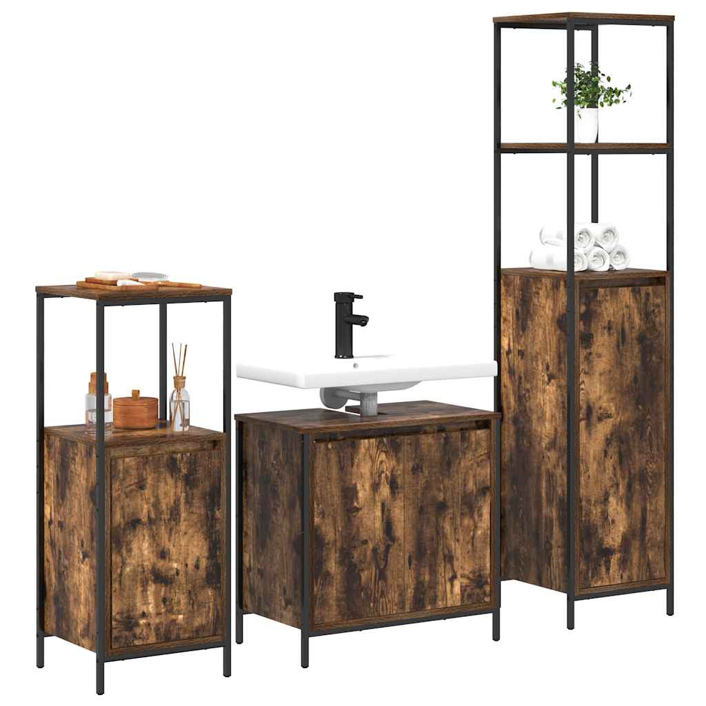 vidaXL Bathroom Furniture Set with Shelf 3 pcs Smoked Oak and Black