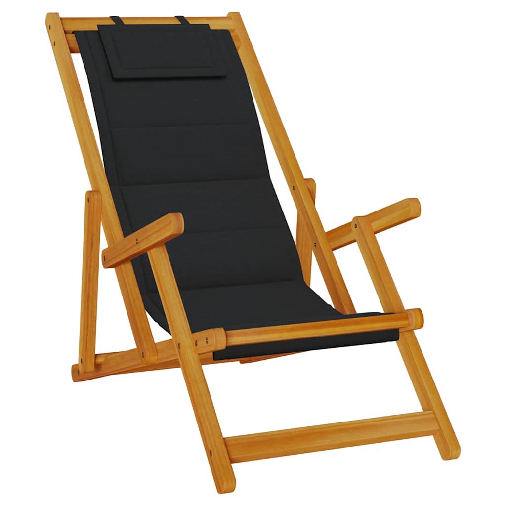 vidaXL Folding Beach Chair with Armrests Black Acacia Wood & Textilene