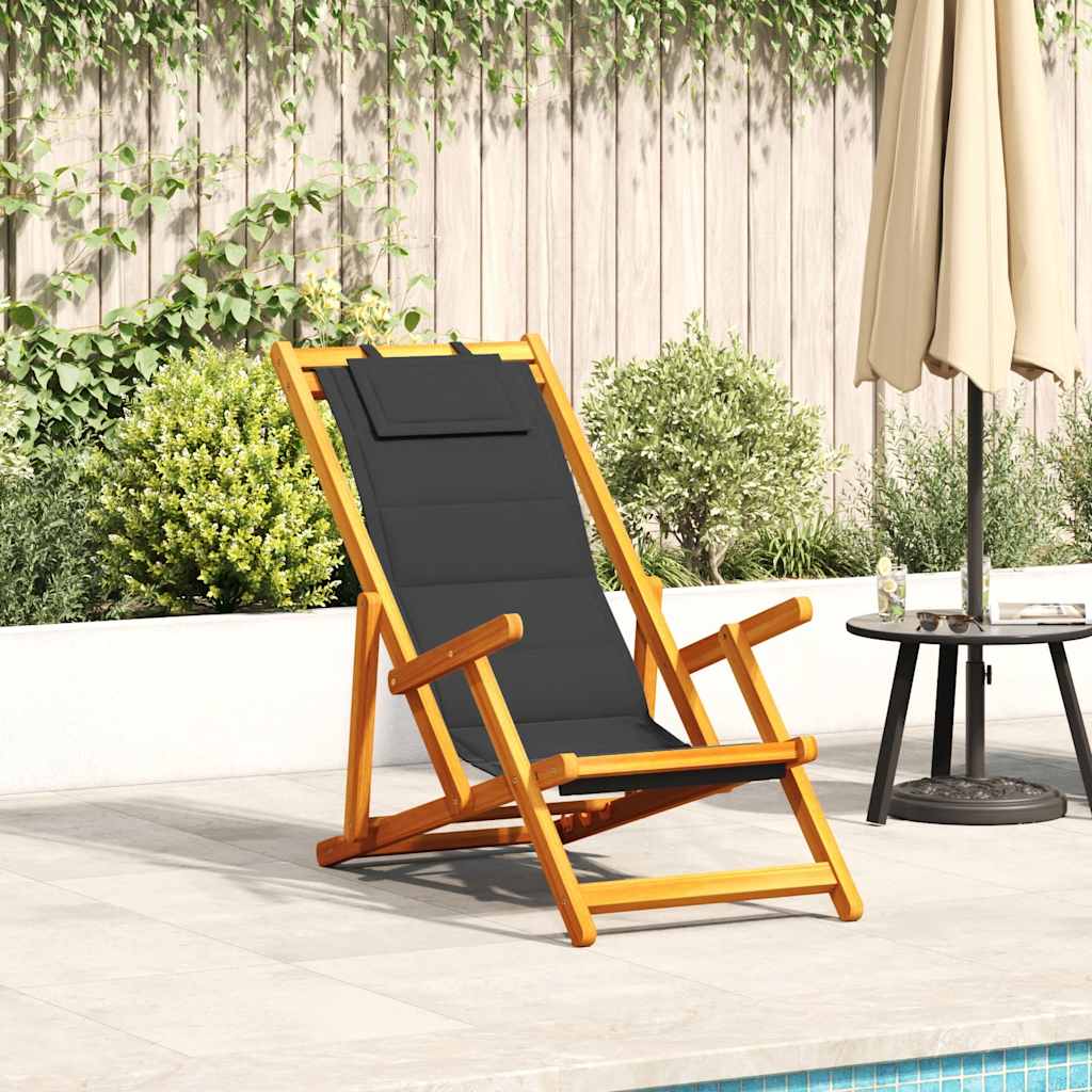 vidaXL Folding Beach Chair with Armrests Black Acacia Wood & Textilene
