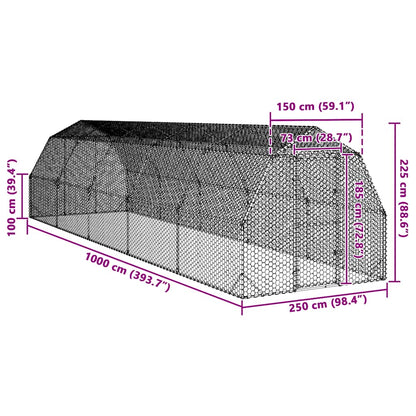 vidaXL Chicken Run 2,5x10x2,25 m Galvanised Steel