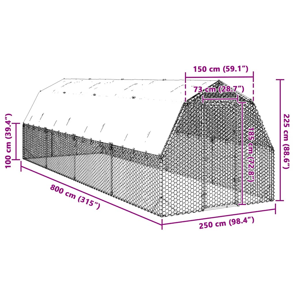 vidaXL Chicken Run with Roof 2,5x8x2,25 m Galvanised Steel