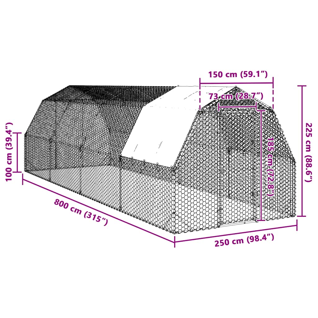 vidaXL Chicken Run with Roof 2,5x8x2,25 m Galvanised Steel
