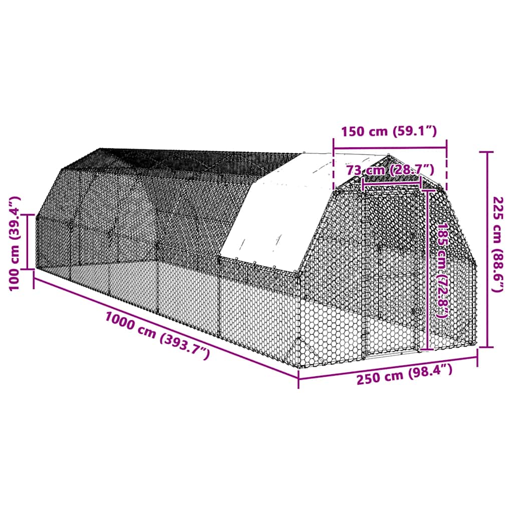 vidaXL Chicken Run with Roof 2,5x10x2,25 m Galvanised Steel