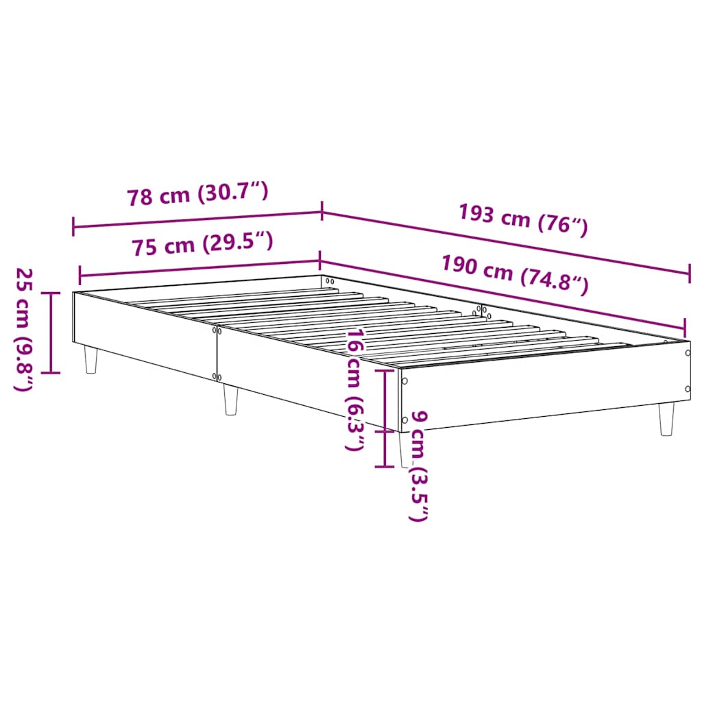 vidaXL Bed Frame No Mattress Black 75x190 cm Small Single Engineered Wood