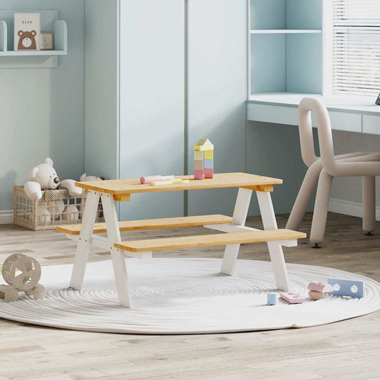 vidaXL Children's Table with Benches "IRUN" White 90x79,5x50cm Solid Wood