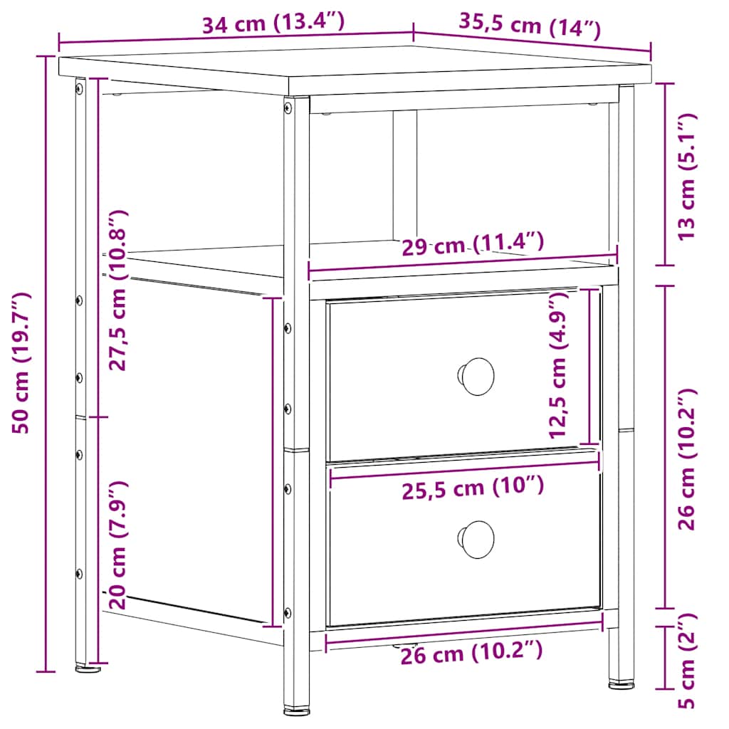 vidaXL Bedside Cabinet Black Oak 34x35.5x50 cm Engineered Wood