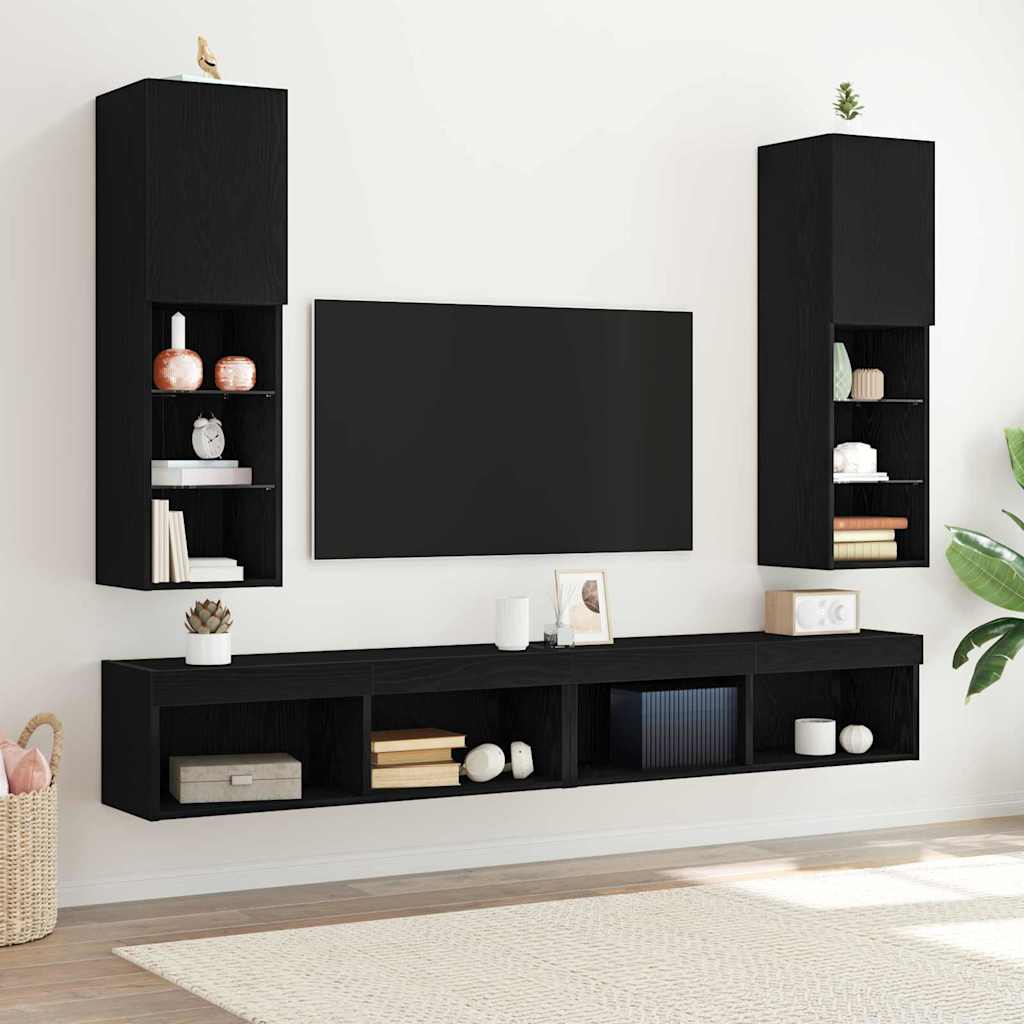 vidaXL TV Cabinet Set with LED 2 pcs Black Oak 30.5 x 30 x 102 cm